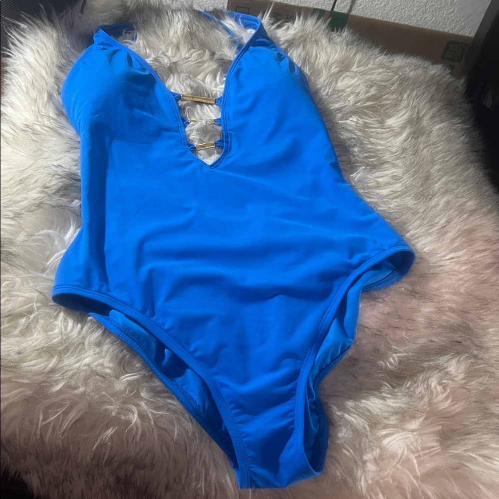 Bleu Rod Beattie swimsuit 6 royal blue one piece plunge Lace Down deepV - Picture 4 of 7